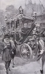 König Edward VII. und Königin Alexandra in der Staatskutsche auf dem Rückweg von ihrer Krönung in der Westminster Abbey, London