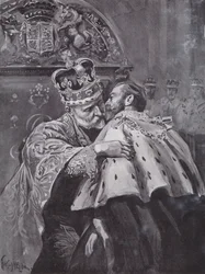 König Edward VII. umarmt seinen Sohn, den Prinzen von Wales, bei der Krönung des Königs, Westminster Abbey, London