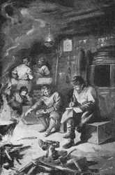 William Barents schreibt sein Tagebuch während des Winters in einer Hütte auf Nova Zembla