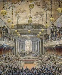 Darstellung der Ballettkomödie „La Princesse de Navarre“ in Versailles anlässlich der Hochzeit Ludwigs, Dauphin von Frankreich, mit Maria Theresia (Marie-Thérèse) von Spanien (1726-1746) in Versailles am 23. Februar