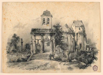 Drei Figuren vor einer Kirche