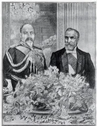 Herzlich: Der Besuch des französischen Präsidenten Emile Loubet in London - das Bankett in der französischen Botschaft - König Edward VII. und Loubet - gezeichnet von Paul Renouard für die Zeitung The Graphic. Juli 1903.
