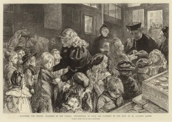 Verteilung der Winterspenden der Gemeinde, Verteilung von Lebensmitteln und Kleidung an die Armen von St. Clement Dane