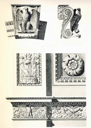 Dekoration mit Adlern, Rosetten und Akanthusblättern für den Arc de Triomphe du Carrousel, von Charles Percier (1764-1838) und Pierre Francois Leonard Fontaine (1762-1853), Gravur von Louis Pierre Baltard (1764-1846), Detail, Frankreich