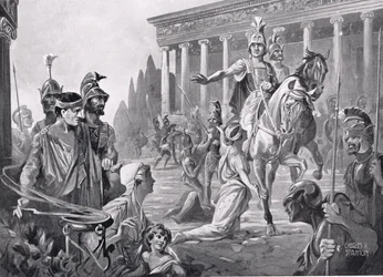 Alexander bei der Plünderung von Theben im Jahr 335 v. Chr., Illustration aus 