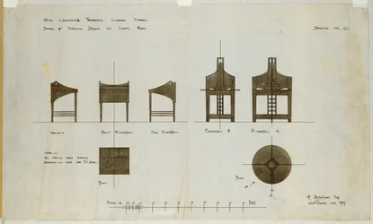 Entwürfe für Schreibtische in Vorder- und Seitenansicht, für die Ingram Street Tea Rooms, 1909