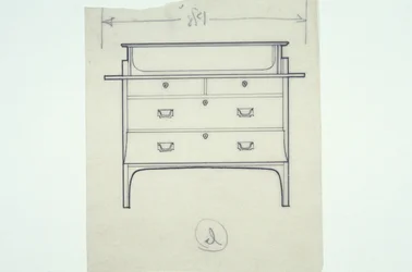 Linienzeichnung eines Möbels (eine Sitzbank mit bemalten Paneelen), ca. 1910