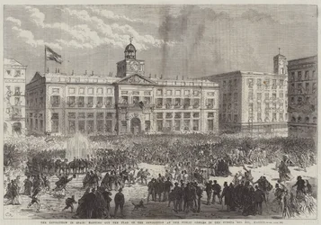 Die Revolution in Spanien, Hissen der Revolutionsflagge an den öffentlichen Ämtern in der Puerta del Sol, Madrid