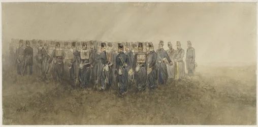 Pause eines Infanteriebataillons auf der Heide