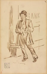 Studie eines betrunkenen Mannes, der an einer Bank vorbeigeht