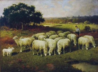 Ein Schäfer mit seinen Schafen auf dem Feld, 1898