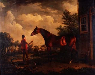 Ein Jäger und ein Stallbursche vor einem Landhaus
