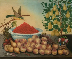 Stillleben: Obst, Vogel und Zwergbirnbaum