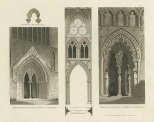 Kathedrale von Lichfield - Westportal, Nordportal und Schiff (Aquatinta-Stich)