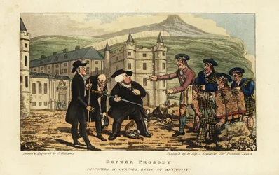 Ein schottischer Maurer erklärt englischen Touristen vor dem Holyrood Palace in Edinburgh, dass ihr rostiges altes Falchion-Schwert eine moderne Klinge von Andrea Ferrara ist