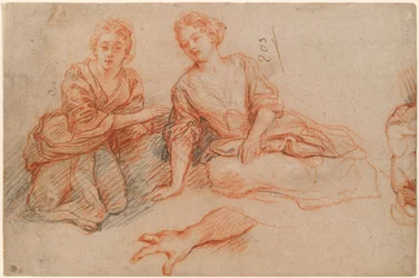 Zwei junge Frauen, die auf dem Boden sitzen (Vorderseite)