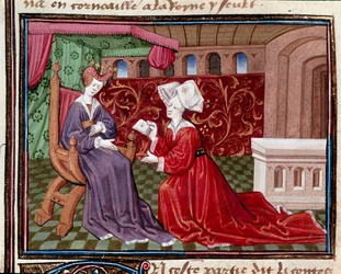 Eine Dienerin überbringt einen Brief an Königin Iseut. Miniatur aus 