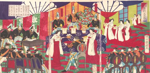 Illustration der Kommandanten, die Westjapan befriedeten, Empfang des Kaisers, September 1887