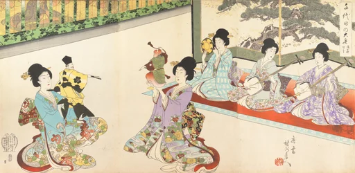 Damen in Wartestellung des Chiyoda-Schlosses: Schwertübungen und Puppen-Kyogen, 1895