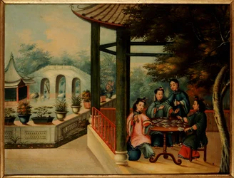 Eine chinesische Gartenszene mit Damen beim Tee, Mitte des 19. Jahrhunderts