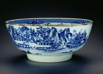 Blau-weiße Schale mit einer Szene der Porzellanherstellung (Porzellan)