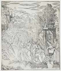 Christus am Brunnen, Platte aus Giulio Alenis Tianzhu jiangsheng zhuxiang jingjie (Eine illustrierte Geschichte des Herrn des Himmels, der Fleisch geworden ist), Jinjiang Kirche, Provinz Fujian, China