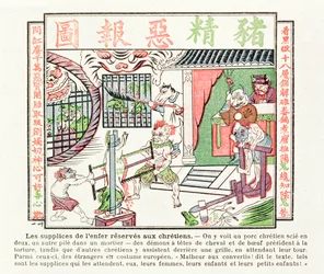 Christliches Schwein wird in zwei Hälften gesägt, während ein zweites in einem Mörser zerquetscht wird, Strafen, die Konvertiten zum Christentum erwarten, 1891