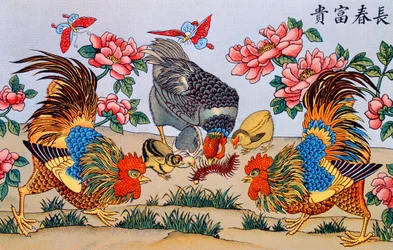 Hahn tötet einen Tausendfüßer, Illustration aus Recherches sur les superstitions en Chine, veröffentlicht 1929 in Shanghai von der Imprimerie de la Mission Catholique