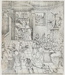 Lazarus im Haus des reichen Mannes, Platte aus Giulio Alenis Tianzhu jiangsheng zhuxiang jingjie (Eine illustrierte Geschichte des Herrn des Himmels, der Fleisch geworden ist), Jinjiang Kirche, Fu