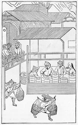 Verpackung und Transport fertiger Produkte, aus einer Serie von Illustrationen zur Herstellung von Porzellan