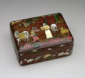 Rechteckige Tzu-Tan-Box, darstellend einen kaiserlichen Boten, der die Freilassung von Su Wu erwirken soll, hergestellt von der Chou-Familienwerkstatt, Mitte-spätes Ming-Dynastie 1368-1644