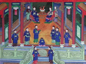 Szene, die einen chinesischen kaiserlichen Beamten zu Hause zeigt, der mit seiner Frau sitzt