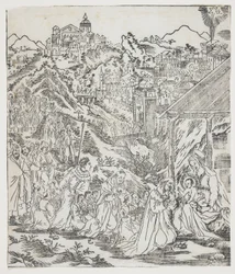 Die Anbetung Christi, Platte aus Giulio Alenis Tianzhu jiangsheng zhuxiang jingjie (Eine illustrierte Geschichte des Herrn des Himmels, der Fleisch geworden ist), Jinjiang Kirche, Provinz Fujian
