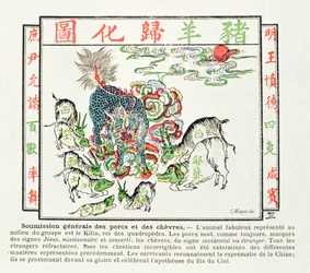 Der Kilin wird von den Schweinen und Ziegen verehrt, die die Fehler des Christentums erkannt haben und die Überlegenheit Chinas anerkennen, 1891
