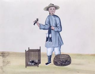 Der Taubenverkäufer, aus einem Buch über die Straßenrufe von Peking, ca. 1785