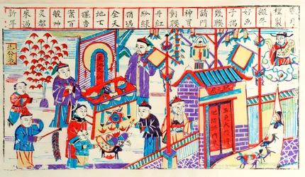 Holzschnitt, der die Aktivität eines chinesischen Haushalts während eines Festes zeigt