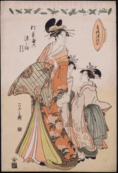 Ganzkörperporträt der Kurtisane Somenosuke, begleitet von zwei Kamuro