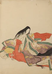 Sitzende, nach links gewandte Hofdame, Tafel aus dem Album: Nishiki-zuri onna sanju rokkasen e-zukushi