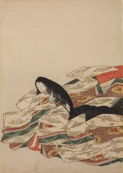 Sitzende, nach links gewandte Hofdame, Tafel aus dem Album: Nishiki-zuri onna sanjū rokkasen e-zukushi