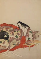 Hofdame mit einem Pinsel an einem Tisch, Tafel aus dem Album: Sechsunddreißig Dichterinnen / Nishiki zuri onna sanju rokkasen e-zukushi