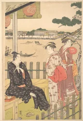 Gruppe in einem Teehaus am Ufer des Sumida-Flusses