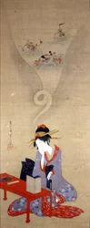 Oiran denkt nach. Werk von Eishi. Genua, Museo Chiossone.