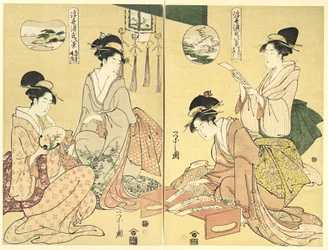 Geisterbeschwörer; Heimkehrende Wildgänse (Maboroshi; Rakugan) (rechts) und Ein dünner Wolkenschleier; Aufklarendes Wetter (Usugumo; Seiran) (links), aus der Serie Acht Ansichten der Geschichte vom Prinzen Genji in der fließenden Welt (Ukiyo Genji hakkei)