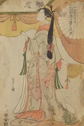 Stehendes Mädchen mit Fächer, aus der Serie: Lob der Mädchen aus dem Vergnügungsviertel Kitano / Kitano kaku no gaku