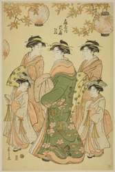 Die Kurtisane Hanaogi vom Ogiya, mit den Kinderbegleitern Yoshino und Tatsuta