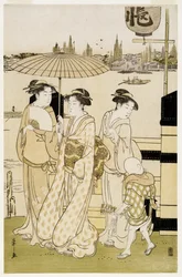Drei Frauen und ein Junge am Sumida-Fluss, 1788-89