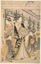Zwei Oiran mit zwei Dienerinnen im Yoshiwara