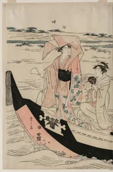 Frauen in einem Vergnügungsboot auf dem Sumida-Fluss