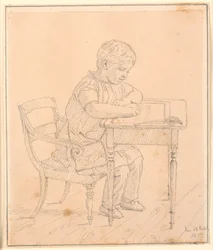 Der Sohn des Künstlers Peter, der auf eine Tafel schreibt