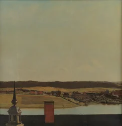 Dachfirst des Schlosses Frederiksborg mit Blick auf See, Stadt und Wald
